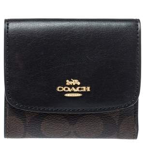 Pre Owned Coach Brown/Black Coated Canvas and Leather Trifold Wallet