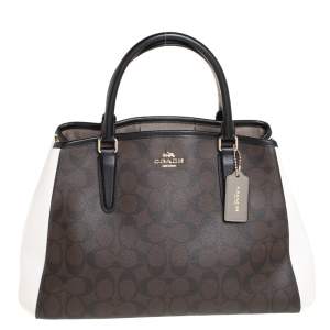 Pre Owned Coach Brown/White Signature Coated Canvas and Leather Sage Carryall Satchel 