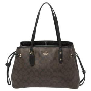 Pre Owned Coach Dark Brown Signature Coated Canvas and Leather Drawstring Carryall Satchel