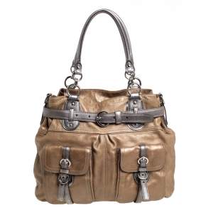 Coach Metallic Beige/Grey Leather Belted Buckle Shoulder Bag
