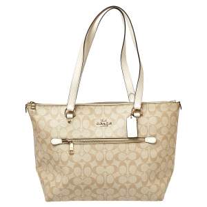 Pre Owned Coach Beige/White Signature Coated Canvas and Leather Gallery Tote