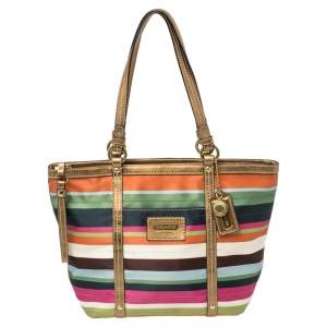 Pre Owned Coach Multicolor Satin and Leather Striped Legacy Tote
