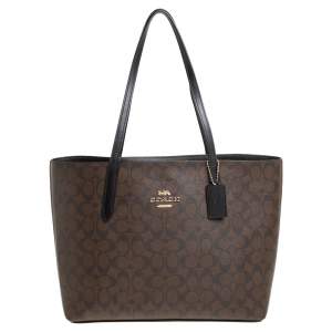 Pre Owned Coach Brown/Black Signature Coated Canvas Avenue Tote