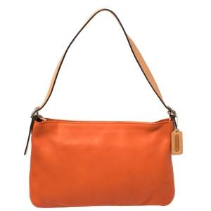 Pre Owned Coach Orange/Beige Leather Zip Slim Shoulder Bag