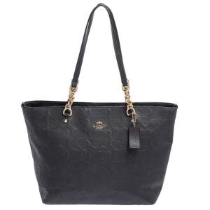 Pre Owned Coach Navy Blue Embossed Leather Sophia Chain Tote