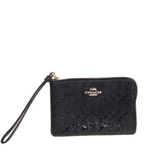 Coach Black Signature Debossed Patent Leather Wristlet Pouch