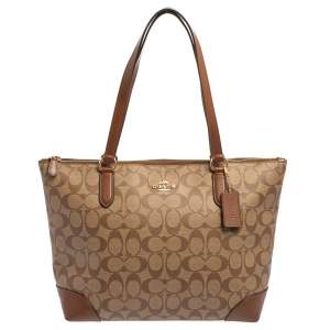 Pre Owned Coach Beige/Brown Signature Coated Canvas and Leather Top Zip Tote