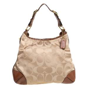 Pre Owned Coach Beige/Brown Signature Fabric and Snakeskin Embossed Leather Peyton Hobo