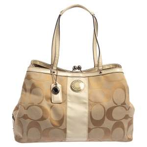 Coach Beige Signature Canvas and Patent Leather Kisslock Framed Carryall Tote