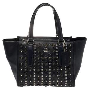 Coach Blue Leather Eyelet Floral Details Top Handle Bag