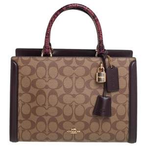 Pre Owned Coach Beige/Burgundy Signature Coated and Leather Zoe Carryall Tote