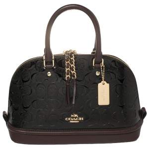 Pre Owned Coach Black/Dark Burgundy Signature Embossed Patent and Leather Mini Sierra Satchel