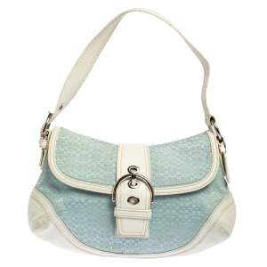 Coach White/Light Blue Signature Canvas and Leather Soho Baguette Bag