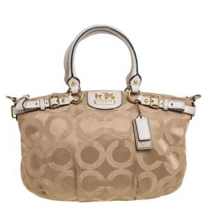 Pre Owned Coach Beige/White Signature Fabric and Leather Sophia Madison Satchel