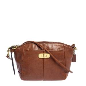 Pre Owned Coach Brown Leather Top Zip Crossbody Bag
