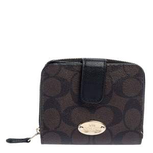 Pre Owned Coach Brown/Black Coated Canvas and Leather Compact Wallet