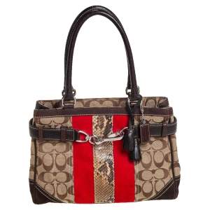 Pre Owned Coach Beige/Orange Signature, Suede and Python Stripe Hampton Tote