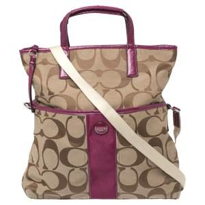 Pre Owned Coach Beige/Pink Canvas And Patent Leather Signature Stripe Foldover Tote 