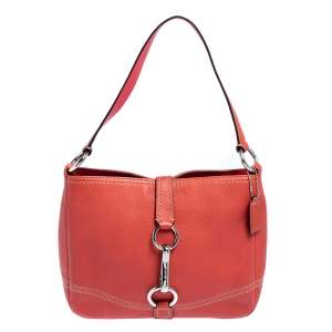 Coach Coral Red Leather Hampton Clip Lock Hobo