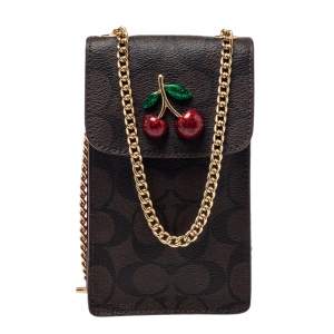 Pre Owned Coach Brown Signature Coated Canvas and Leather Cherry Detail Phone Crossbody Pouch