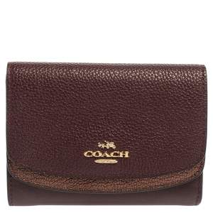 Pre Owned Coach Burgundy/Metallic Leather Trifold Wallet