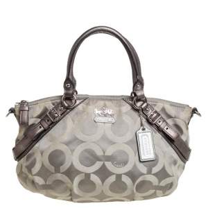 Pre Owned Coach Metallic Grey Signature Canvas And Leather Sophia Madison Satchel