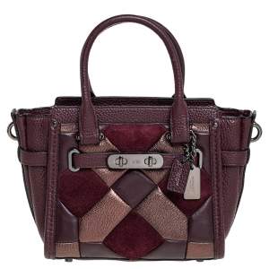 Pre Owned Coach Burgundy Leather and Suede Patchwork Swagger 20 Tote