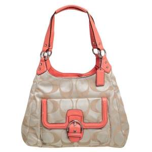 Pre Owned Coach Beige Signature Canvas And Leather Hobo