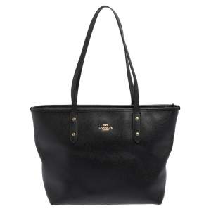 Pre Owned Coach Black Textured Leather Reversible City Tote