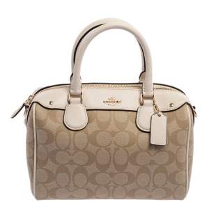 Pre Owned Coach Beige/Off White Signature Coated Canvas and Leather Mini Bennett Satchel
