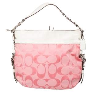 Coach Pink/White Signature Canvas and Leather Hobo
