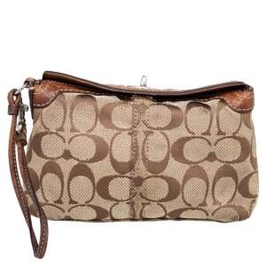 Coach Brown Signature Canvas and Leather Turnlock Wristlet