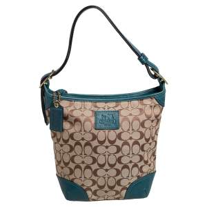 Coach Teal Blue/Beige Signature Canvas Hobo
