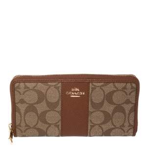  Coach Beige/Brown Signature Coated Canvas and Leather Accordion Zip Around Wallet