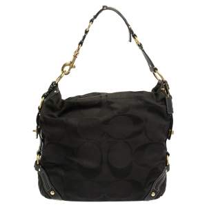 Coach Black Signature Canvas and Leather Carly Hobo