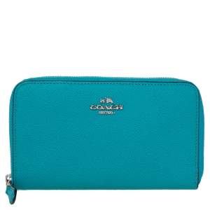 Pre Owned Coach Blue Leather Medium Zip Around Wallet
