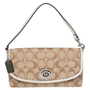 Coach Beige Signature Canvas And Leather Flap Shoulder Bag