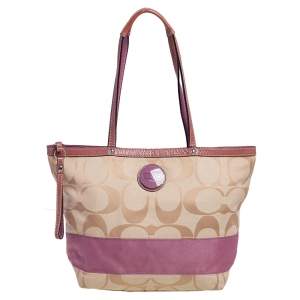 Pre Owned Coach Beige/Pink Signature Canvas and Patent Leather Stripe Tote