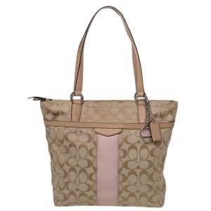 Coach Beige/Light Pink Canvas and Leather Signature Stripe Tote
