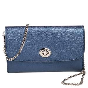 Pre Owned Coach Metallic Blue Leather Flap Chain Clutch 