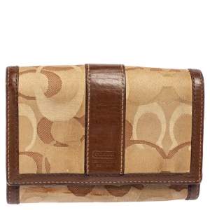 Coach Beige/Brown Signature Canvas and Leather Compact Wallet