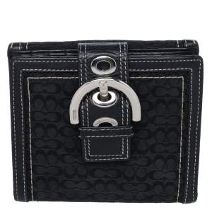 Coach Black Signature Canvas and Leather Buckle Flap Compact Wallet