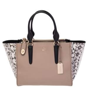 Coach Beige/Black Leather and Python Embossed Leather Double Zip Crosby Carryall Tote
