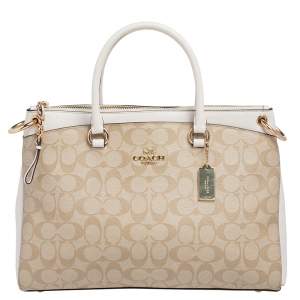 Coach Beige/White Signature Coated Canvas And Leather Mia Satchel