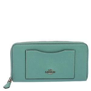 Pre Owned Coach Pale Green Leather Accordion Zip Around Wallet