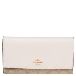 Pre Owned Coach Off White/Beige Leather And Signature Canvas Trifold Wallet