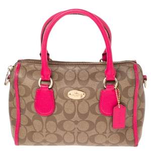 Coach Brown/Pink Signature Coated Canvas and Leather Carryall Boston Bag