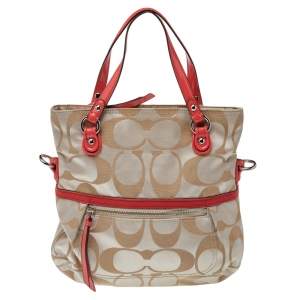 Coach Red/Beige Signature Canvas Poppy Glam Tote