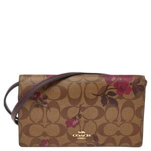 Coach Beige/Burgundy Floral Print Signature Canvas And Leather Hayden Crossbody Clutch