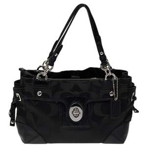 Pre Owned Coach Black Signature Canvas  And Leather Peyton Satchel